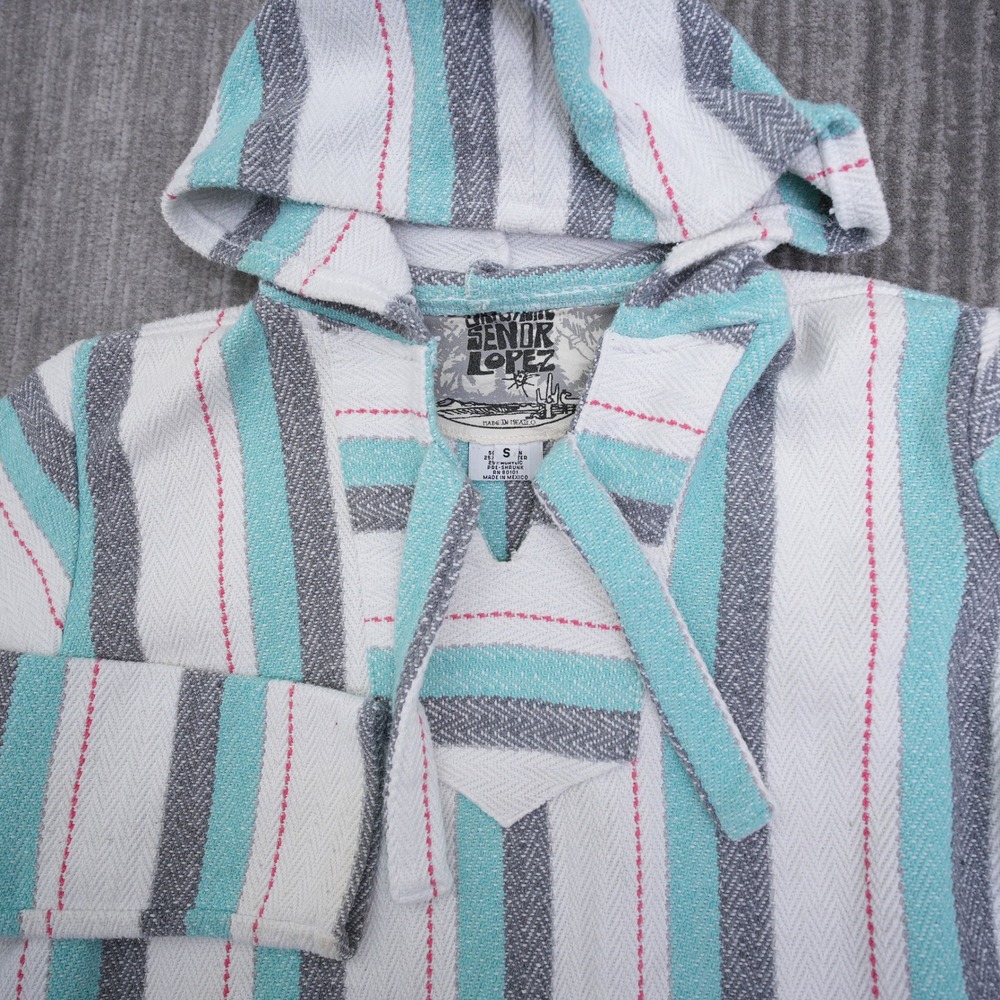 Senor Lopez Baja Hoodie Men Small White Grey Striped Mexican‎ Poncho Pullover